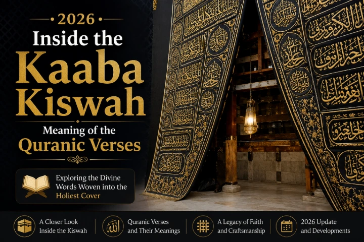 A close-up view of the Holy Kaaba covered with the beautifully embroidered Kiswah, showcasing the intricate gold Quranic calligraphy woven into the sacred black silk. The image captures the grandeur of the Kaaba at night, with soft lights illuminating the surrounding courtyard and creating a peaceful spiritual atmosphere.