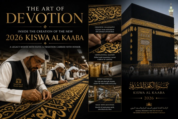 A captivating behind-the-scenes view of the creation of the 2026 Kiswa Al Kaaba, highlighting skilled artisans meticulously hand-embroidering intricate gold Quranic calligraphy onto luxurious black silk. Alongside the majestic Kaaba draped in its iconic Kiswah, the image beautifully reflects centuries of Islamic craftsmanship, devotion, and the sacred tradition of producing the cloth that adorns the Holy Kaaba each year.