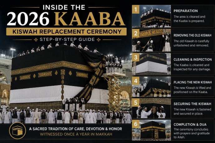 A professional black-and-gold infographic-style thumbnail showing the annual Kaaba Kiswah Replacement Ceremony. The image features the Holy Kaaba during the installation of the new Kiswah, with workers carefully replacing the sacred cloth, alongside a six-step visual guide illustrating the entire replacement process from preparation to completion. It conveys the significance, precision, and spiritual importance of this annual tradition.