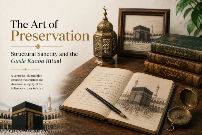 An elegant editorial-style image featuring antique Islamic books, an open manuscript, a brass lantern, a compass, and a framed image of the Holy Kaaba. The clean typography and subtle geometric background highlight the theme of preserving the Kaaba's sacred heritage and the Gusle Kaaba ritual.