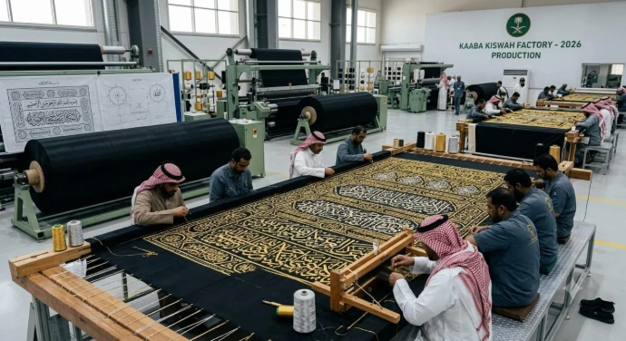 It shows a wide view of a modern factory floor where a team of artisans sits at a long wooden frame, hand-embroidering gold calligraphy onto a massive sheet of black silk, set against a backdrop of heavy textile machinery and a wall reading "KAABA KISWAH FACTORY - 2026 PRODUCTION."