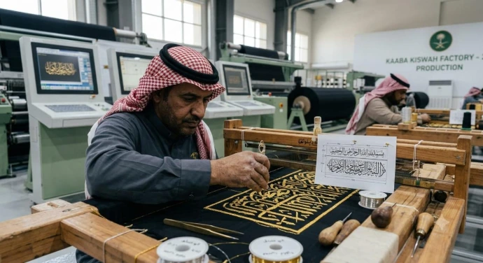 It is a close-up focusing on a single artisan weaving gold wire into the detailed Arabic script, featuring spools of thread and a precise calligraphic blueprint on his wooden loom, with computerized digital design terminals visible in the background.