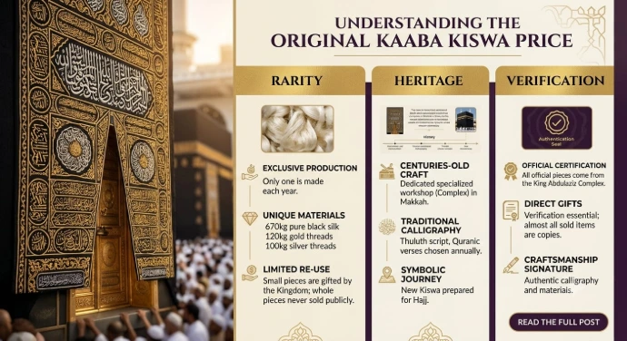The second image is an informative infographic that explains the original Kaaba Kiswah through three sections—Rarity, Heritage, and Verification. Using icons, concise text, and a clean layout, it presents key information in a visually organized and educational format, making it ideal for readers seeking quick insights.