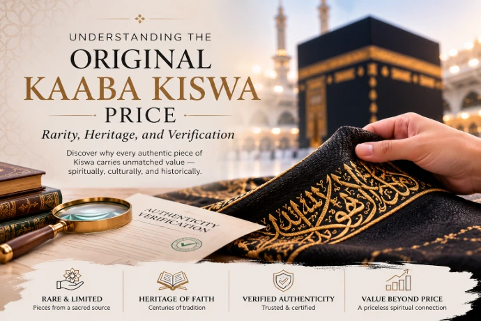 The first image is a premium blog banner that showcases the Holy Kaaba alongside a beautifully embroidered Kiswah cloth. With elegant typography, an authenticity certificate, and symbolic elements like Islamic books and a magnifying glass, it highlights the themes of rarity, heritage, and verification while creating a luxurious and spiritual feel.