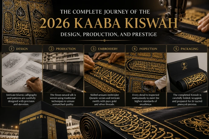The image beautifully illustrates the complete journey of the 2026 Kaaba Kiswah, from its design and production to embroidery, inspection, and packaging. Featuring a luxurious black-and-gold theme, detailed Islamic calligraphy, skilled artisans, and a majestic view of the Holy Kaaba, it highlights the craftsmanship, tradition, and prestige behind one of Islam's most sacred textiles.