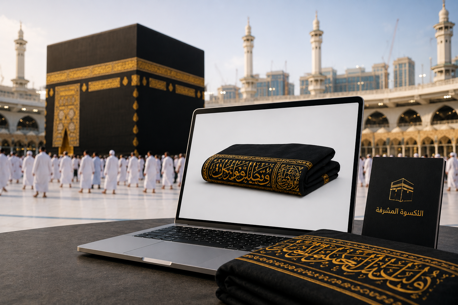 A realistic scene featuring the Holy Kaaba in the background with a laptop displaying a folded Kaaba Kiswah fabric, symbolizing the possibility of purchasing authentic Kiswah online. The elegant black-and-gold composition blends Islamic heritage with modern online shopping.