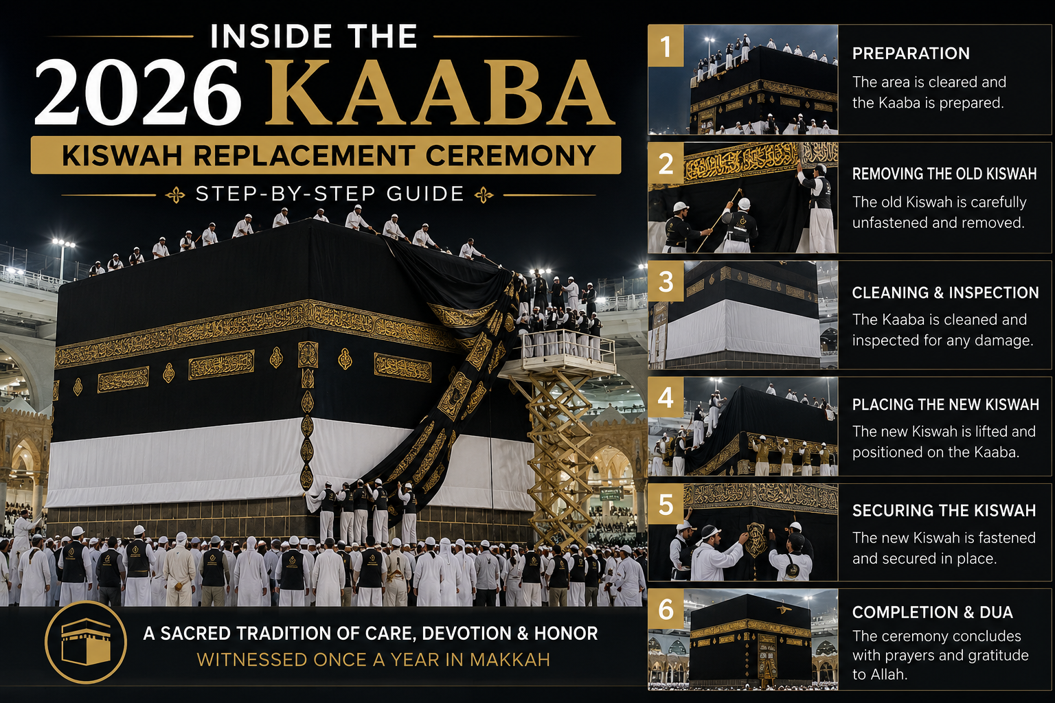 A professional black-and-gold infographic-style thumbnail showing the annual Kaaba Kiswah Replacement Ceremony. The image features the Holy Kaaba during the installation of the new Kiswah, with workers carefully replacing the sacred cloth, alongside a six-step visual guide illustrating the entire replacement process from preparation to completion. It conveys the significance, precision, and spiritual importance of this annual tradition.