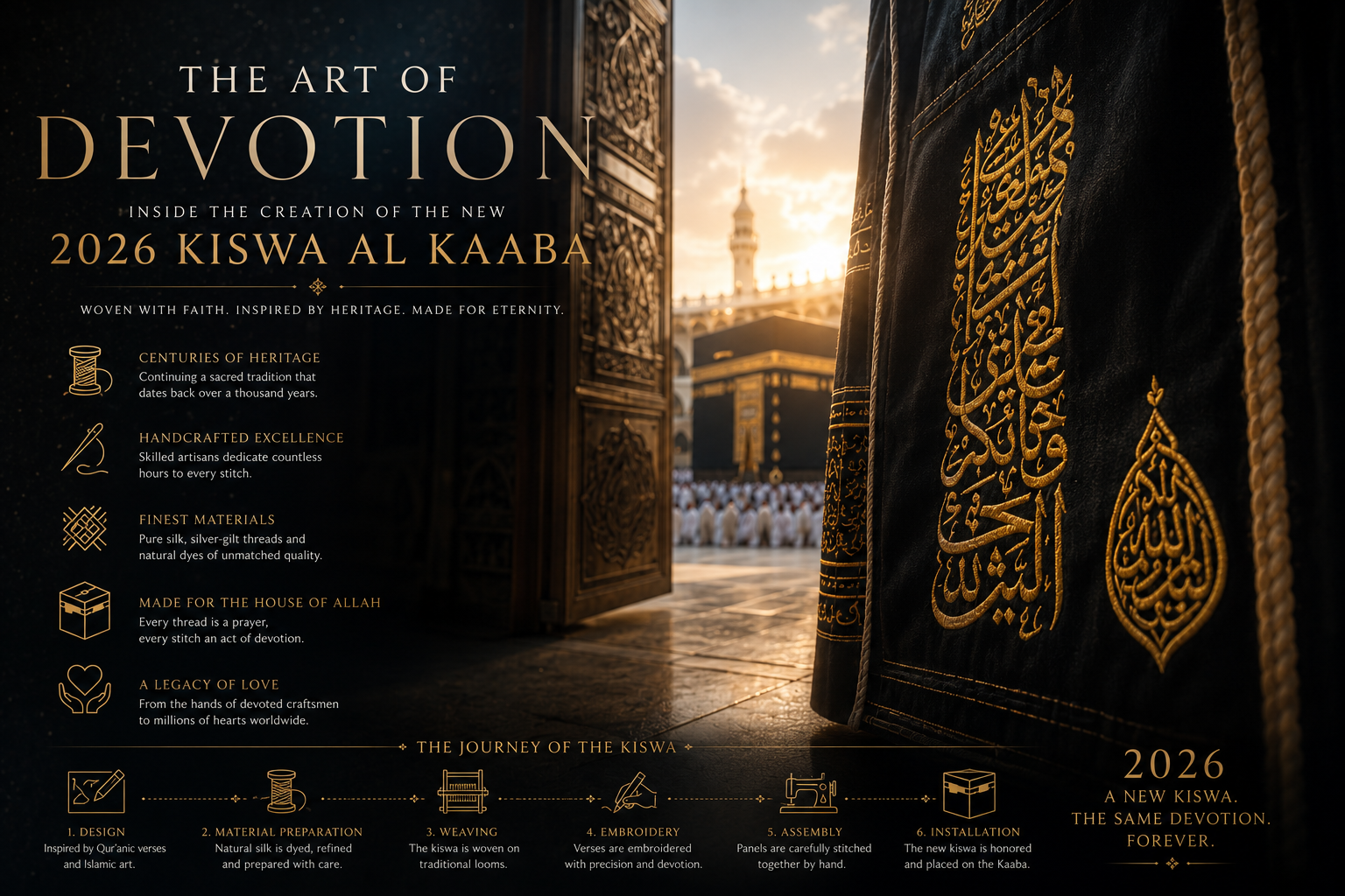 A dramatic close-up of the elegant gold embroidery on the 2026 Kiswa Al Kaaba, showcasing the exceptional detail and artistry of its handcrafted Quranic calligraphy. With the Holy Kaaba softly visible in the background, the image symbolizes faith, heritage, and the timeless devotion of the artisans whose work preserves one of Islam's most revered traditions.
