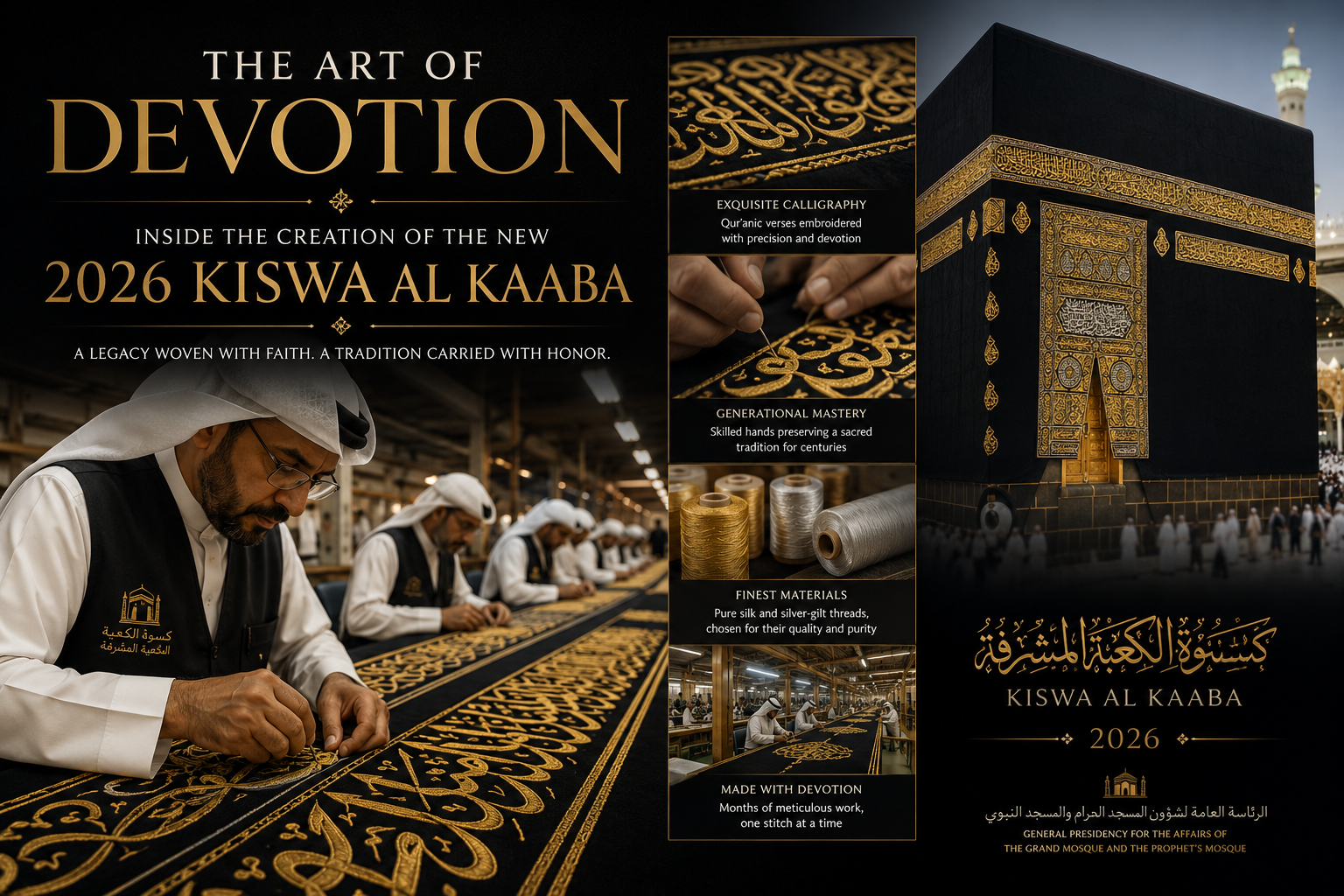 A captivating behind-the-scenes view of the creation of the 2026 Kiswa Al Kaaba, highlighting skilled artisans meticulously hand-embroidering intricate gold Quranic calligraphy onto luxurious black silk. Alongside the majestic Kaaba draped in its iconic Kiswah, the image beautifully reflects centuries of Islamic craftsmanship, devotion, and the sacred tradition of producing the cloth that adorns the Holy Kaaba each year.