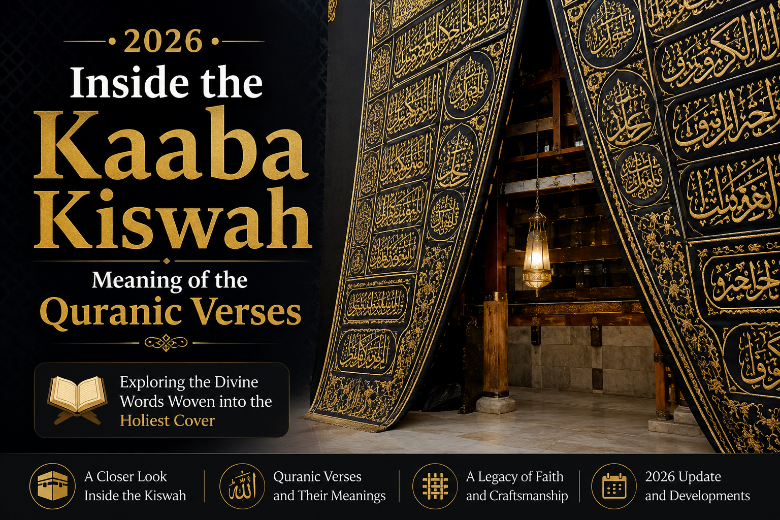A close-up view of the Holy Kaaba covered with the beautifully embroidered Kiswah, showcasing the intricate gold Quranic calligraphy woven into the sacred black silk. The image captures the grandeur of the Kaaba at night, with soft lights illuminating the surrounding courtyard and creating a peaceful spiritual atmosphere.