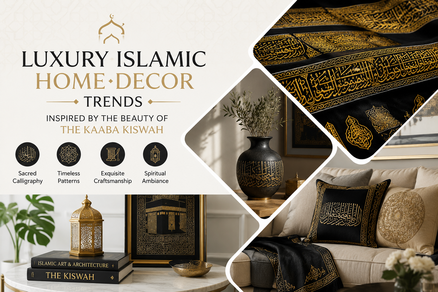 This elegant editorial-style collage showcases the essence of luxury Islamic home décor through a harmonious blend of black, gold, and neutral tones. Inspired by the beauty of the Kaaba Kiswah, it highlights exquisite calligraphy, premium textiles, decorative lanterns, framed Islamic artwork, and sophisticated furnishings, creating a timeless interior that balances spiritual inspiration with modern elegance.