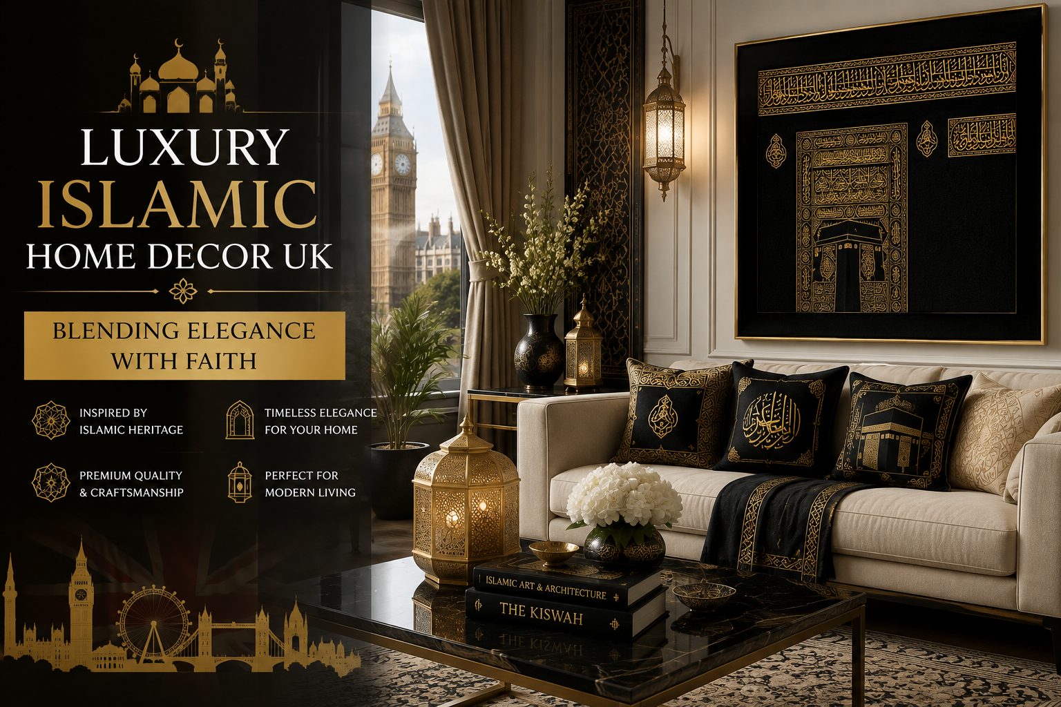 This luxurious living room design beautifully combines Islamic heritage with contemporary UK-inspired interiors. Featuring Kaaba-inspired artwork, black-and-gold decorative accents, ornate lanterns, elegant furniture, and subtle London skyline elements, the space reflects a perfect blend of faith, craftsmanship, and refined luxury for modern Muslim homes.