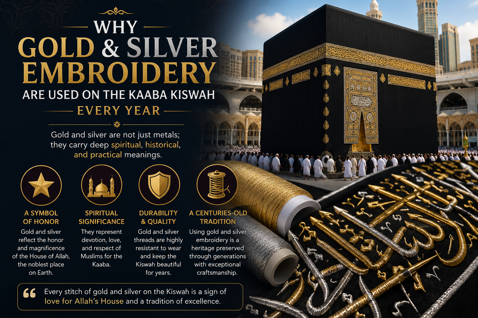 This image presents a beautifully designed infographic highlighting the craftsmanship behind the Kaaba Kiswah. It combines a majestic view of the Kaaba with close-up details of gold and silver embroidery, showcasing the spiritual significance, durability, and centuries-old tradition of using precious metal threads. The elegant black-and-gold color palette reinforces the sacred and luxurious nature of the Kiswah.