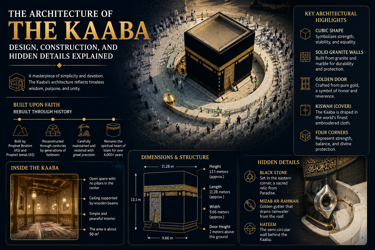 This infographic presents the Kaaba from a striking aerial perspective, combining architectural illustrations with historical insights. It highlights the Kaaba's dimensions, structural features, key architectural elements, and hidden details, while emphasizing its enduring significance as the spiritual heart of Islam through an elegant black-and-gold design.