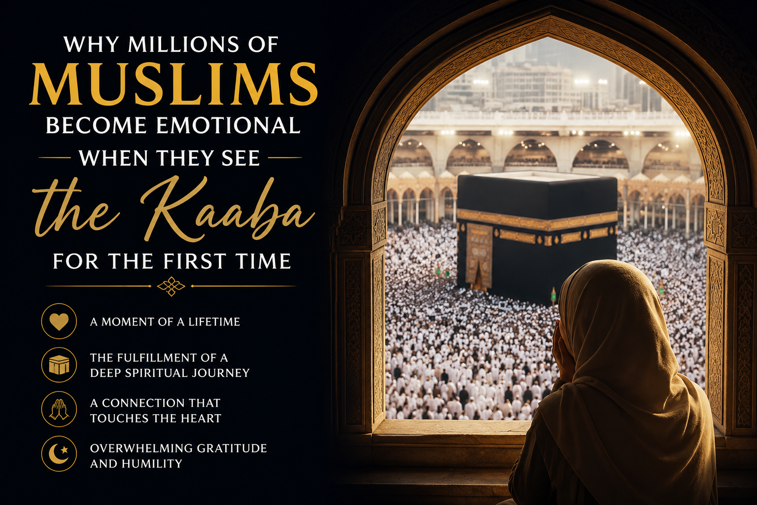 A cinematic, emotional scene showing a Muslim pilgrim standing before the Kaaba through an ornate Islamic arch. The warm golden lighting, crowded courtyard, and peaceful atmosphere emphasize the deep spiritual emotions many pilgrims experience when seeing the Kaaba for the first time.