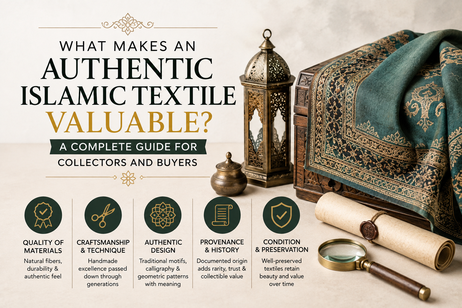 A sophisticated collector-focused scene showing a richly embroidered teal Islamic textile draped over an antique wooden chest, accompanied by a traditional lantern, brass vessel, parchment scroll, and magnifying glass. The elegant green, gold, and cream palette emphasizes authenticity, craftsmanship, provenance, and preservation.