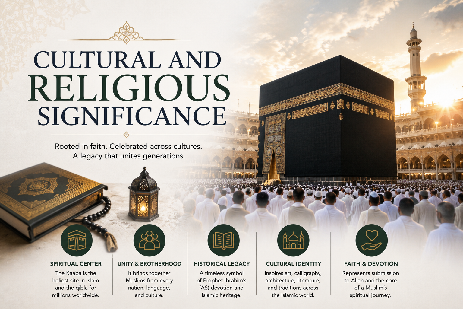 A visually powerful representation of the cultural and religious significance of Islamic heritage. It features the Kaaba at Masjid al-Haram surrounded by worshippers during golden-hour light, complemented by a Qur’an, prayer beads, and an ornate lantern. The design highlights spirituality, unity, historical legacy, cultural identity, and faith.