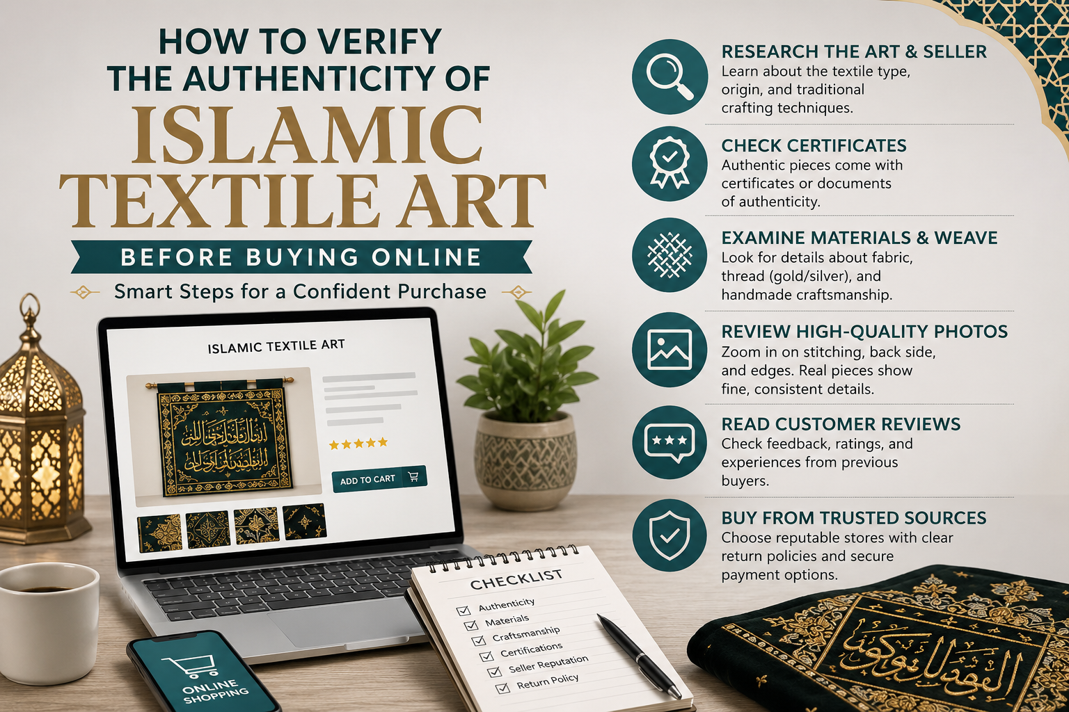 The image shows an online shopping setup for verifying Islamic textile art, featuring a laptop, embroidered textile, checklist, certificates, and key authenticity checks such as materials, craftsmanship, seller reputation, and reviews.