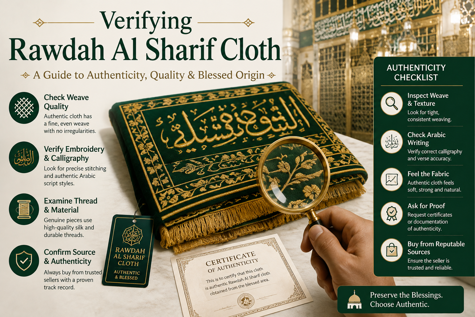The image features Rawdah Al Sharif Cloth with detailed green-and-gold embroidery, a magnifying glass, and an authenticity certificate. It highlights fabric quality, calligraphy, craftsmanship, and trusted sourcing.