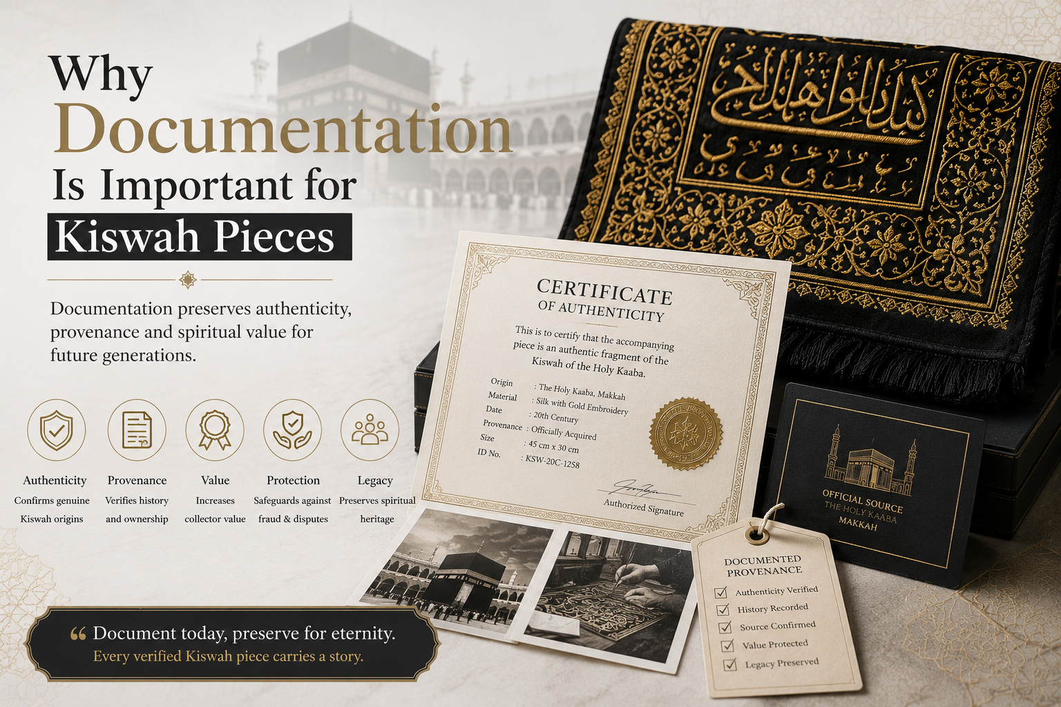 The image focuses on why documentation is important for Kiswah pieces, featuring an intricate black-and-gold Kiswah textile, a certificate of authenticity, archival photographs, and a provenance checklist. The visual communicates how proper documentation helps verify authenticity, preserve history, protect value, and maintain the cultural legacy of each Kiswah piece.
