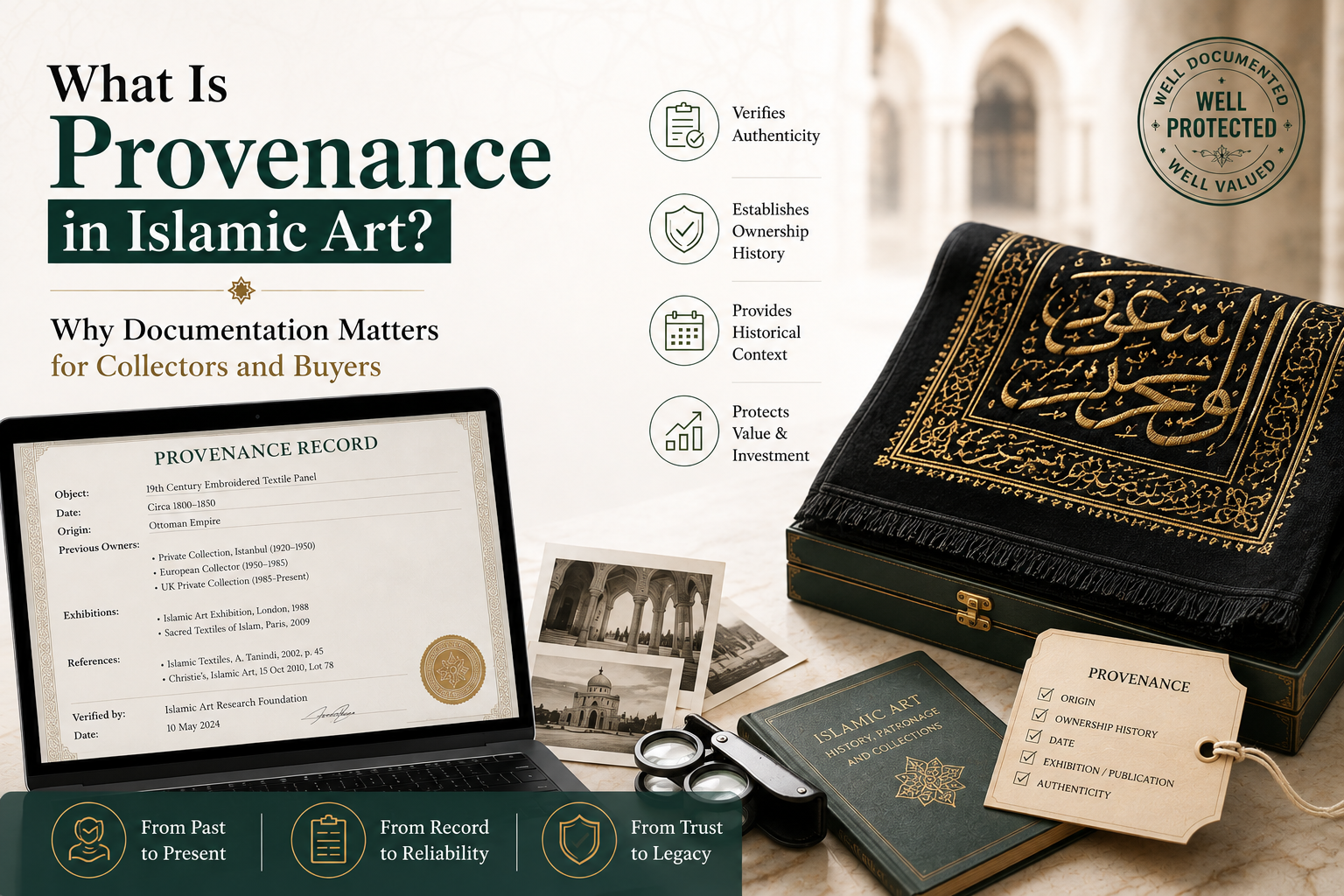 The image highlights the importance of provenance in Islamic art through a beautifully embroidered black-and-gold textile displayed alongside a provenance record, archival photographs, a magnifying glass, and a documentation tag. The composition emphasizes authenticity, ownership history, historical context, and protecting the artwork’s value.