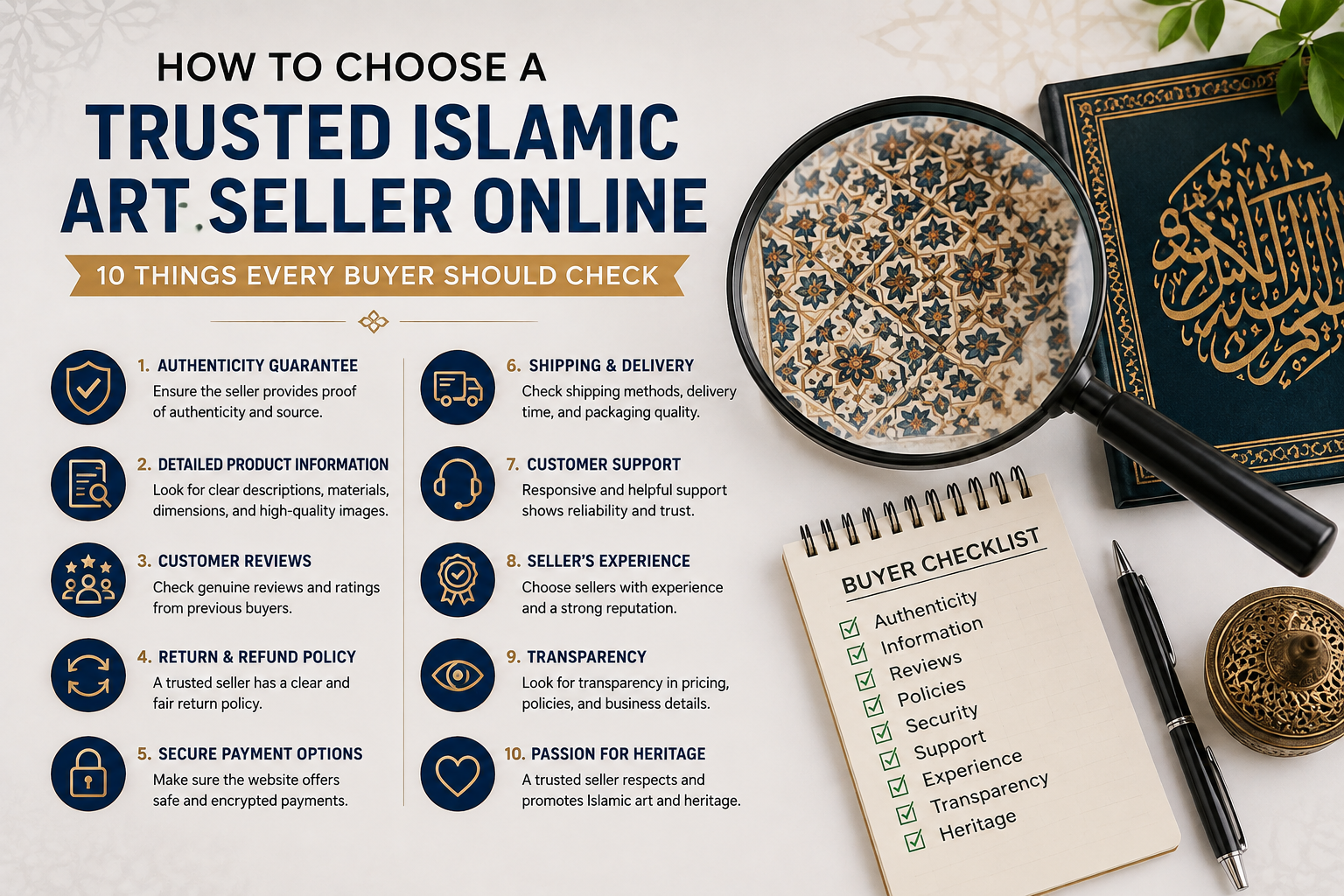 The image presents a detailed buyer checklist for choosing a trusted Islamic art seller online. It highlights important factors such as authenticity, product information, customer reviews, secure payments, shipping, customer support, seller experience, transparency, and respect for Islamic heritage.