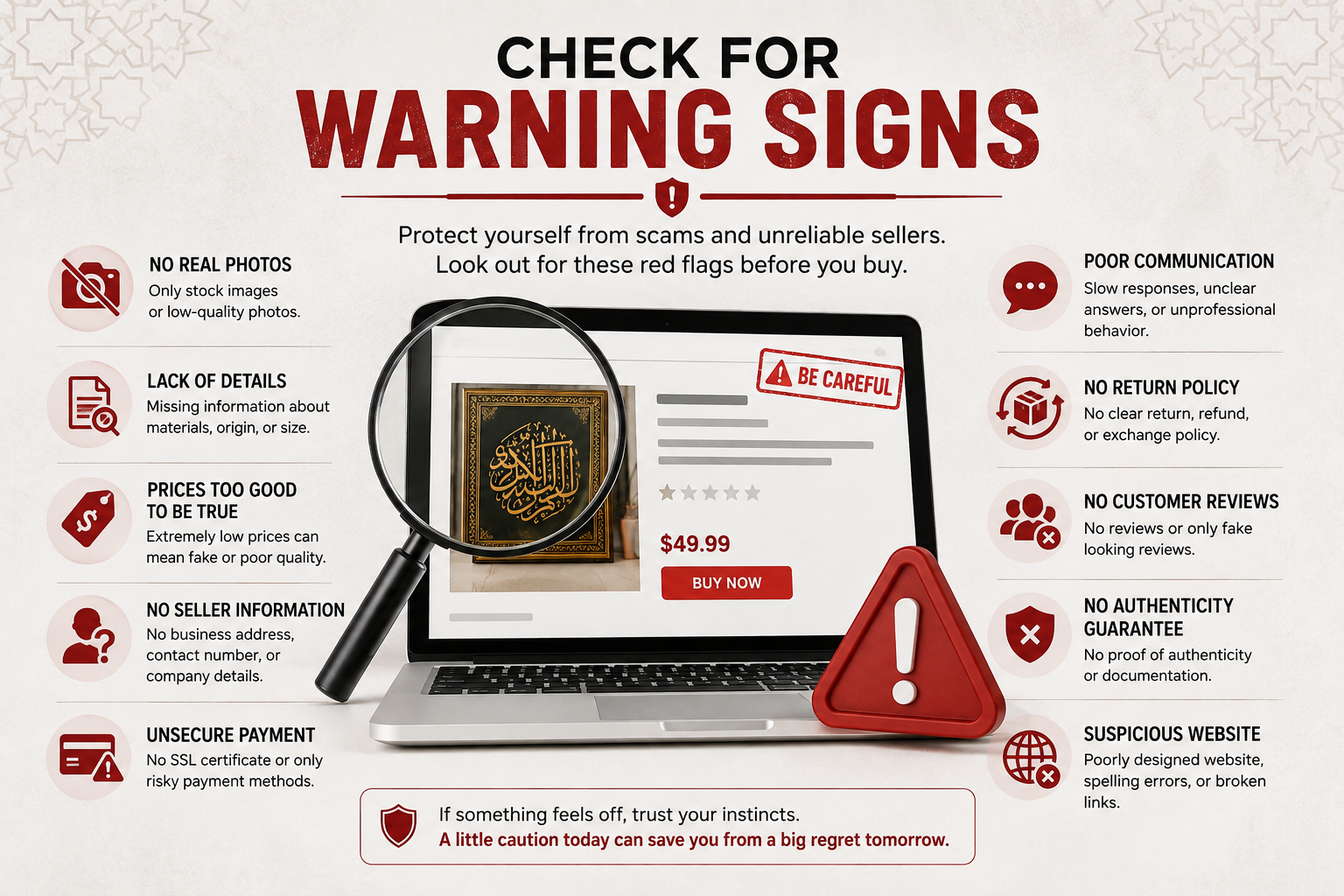 The image focuses on warning signs buyers should watch for when purchasing Islamic art online. It highlights issues such as missing product details, suspiciously low prices, poor communication, no return policy, lack of reviews, insecure payments, missing authenticity proof, and suspicious websites.