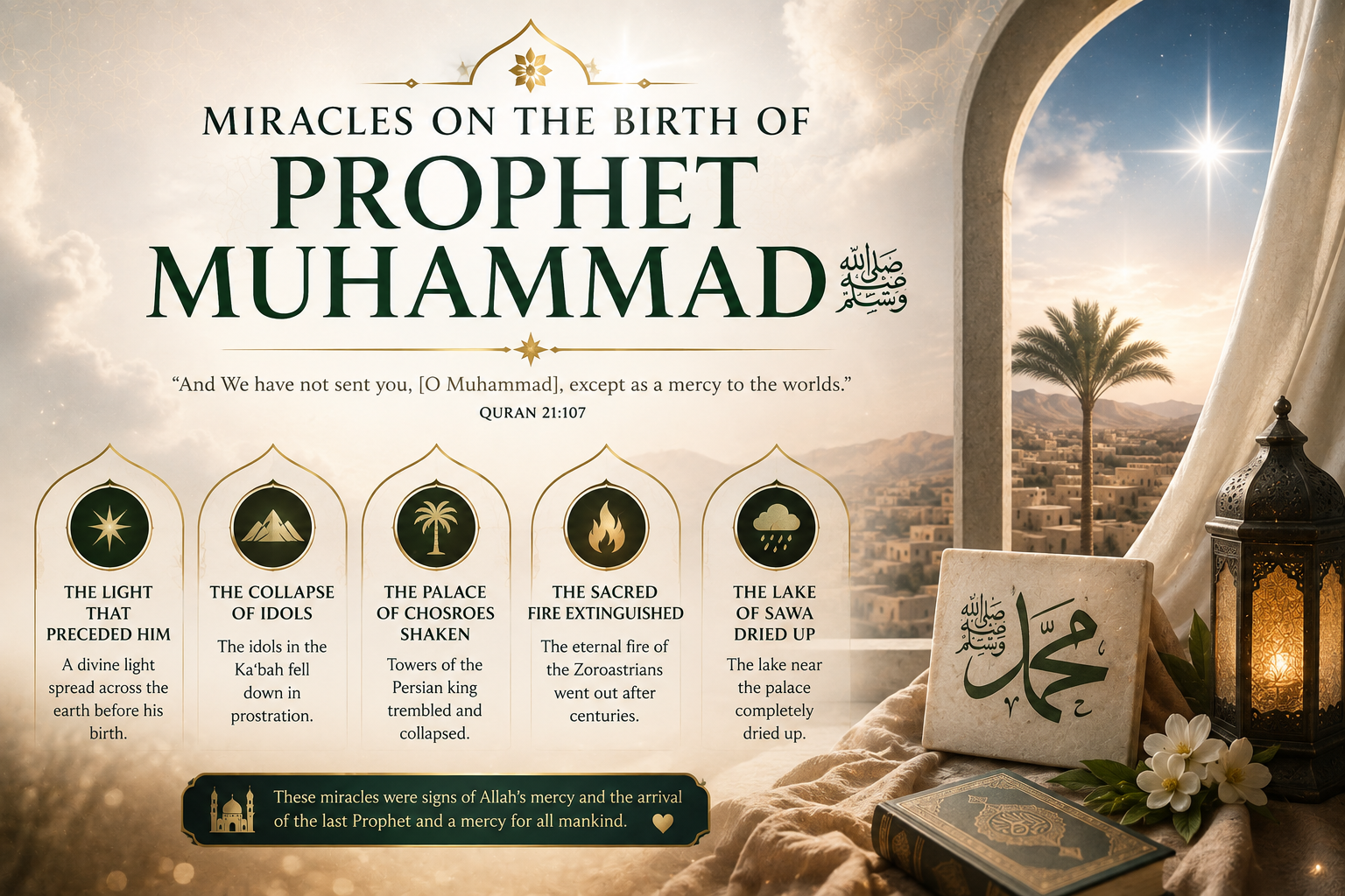 A serene Eid Milad un Nabi 2026 design featuring Islamic calligraphy, a green mosque dome, Quran, prayer beads, lantern, flowers, and gift decor, symbolizing faith, love, unity, and the spiritual significance of Milad un Nabi.