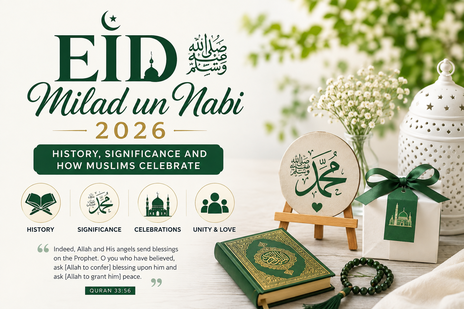 A beautifully designed Islamic infographic highlighting the miracles associated with the birth of Prophet Muhammad (PBUH), featuring symbolic imagery, Arabic calligraphy, a historic Arabian setting, and key events presented in an elegant gold and green theme.