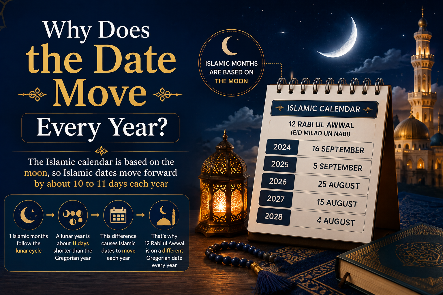The image explains why the date of Eid Milad un Nabi changes every year. It visually highlights the Islamic lunar calendar, the moon cycle, and the approximately 10–11 day difference between the Islamic and Gregorian years, making the information easy to understand through a clean infographic layout.