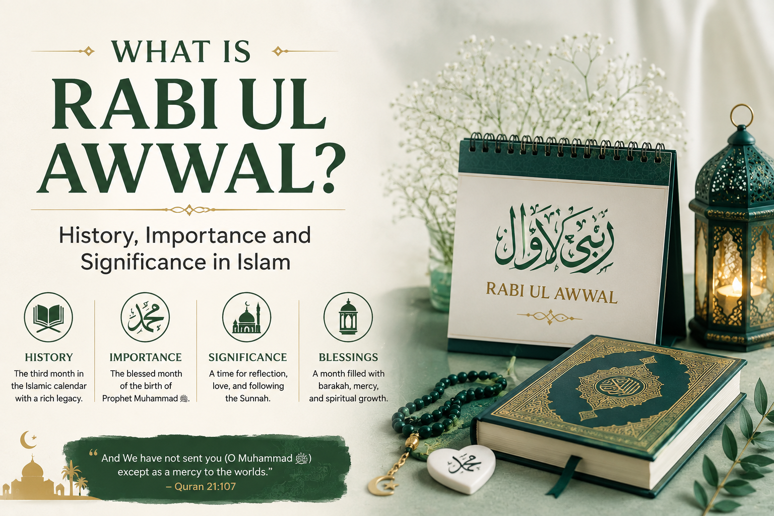 The image presents Rabi ul Awwal in an elegant Islamic setting, featuring a calendar with Arabic calligraphy, a beautifully decorated Quran, prayer beads, and a glowing lantern. The soft green, cream, and gold tones create a peaceful spiritual atmosphere, while the infographic highlights the history, importance, significance, and blessings of Rabi ul Awwal.