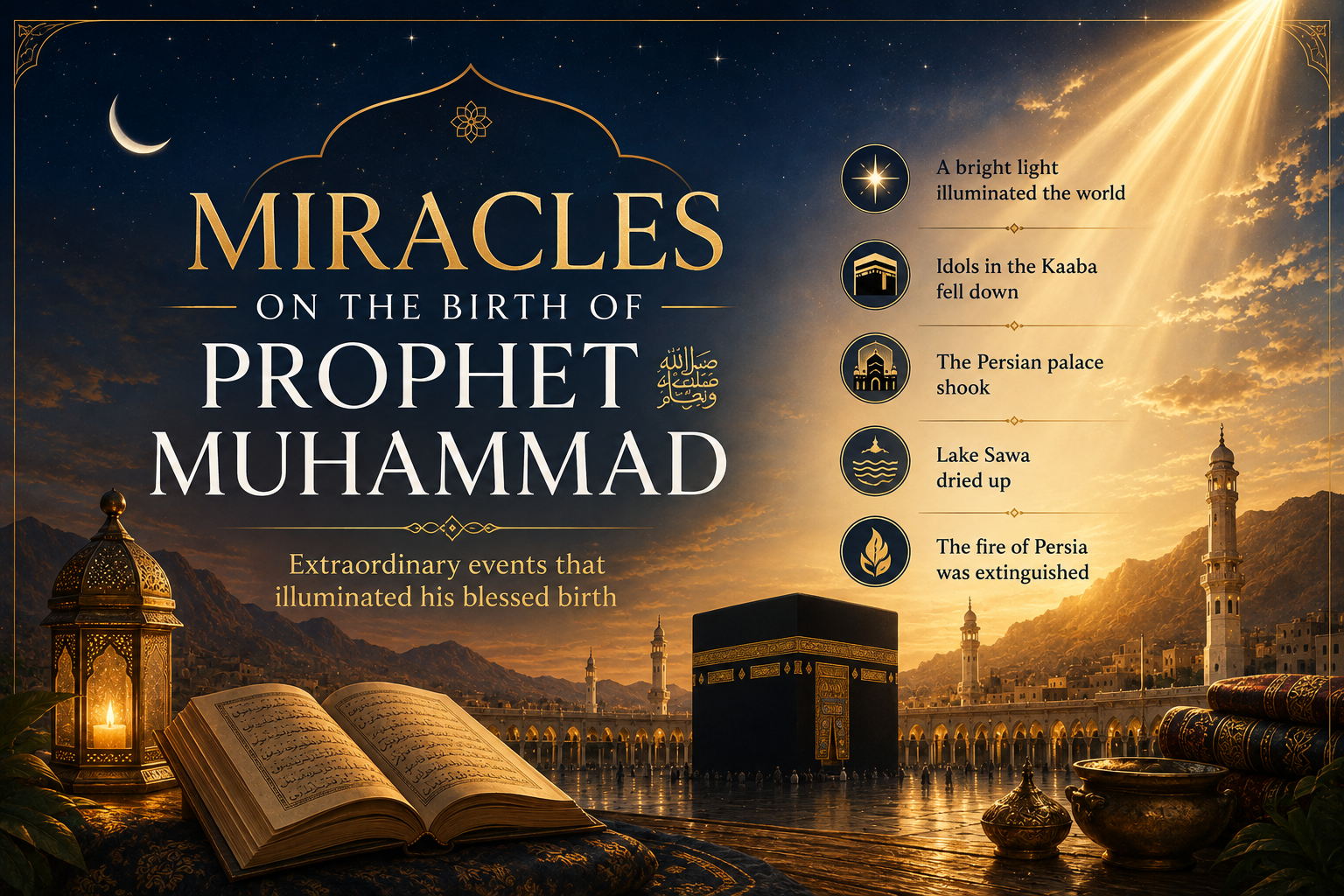 The image is a cinematic Islamic-themed illustration depicting the miraculous events associated with the birth of Prophet Muhammad ﷺ. It features the Kaaba in Makkah, glowing golden light, a crescent moon, mountains, minarets, an illuminated lantern, and an open Quran. The large central title reads “Miracles on the Birth of Prophet Muhammad”, while the right side highlights traditional accounts of extraordinary events, including the falling of idols, the shaking of the Persian palace, the drying of Lake Sawa, and the extinguishing of the Persian fire. The warm gold-and-dark-blue color palette gives the image a spiritual, elegant, and reverent atmosphere, without depicting the Prophet ﷺ or any person.