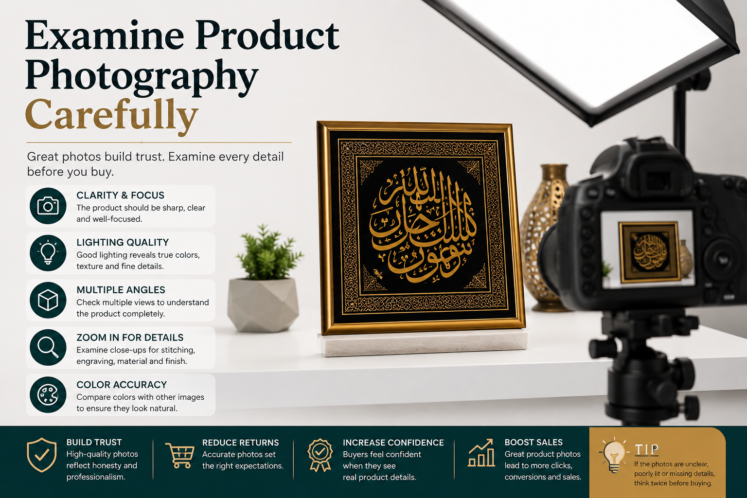 The image showcases a professional photography setup for Islamic artwork, with a DSLR camera and studio lighting focused on a detailed gold-framed Arabic calligraphy piece. It highlights the importance of checking product photos for clarity, lighting, multiple angles, close-up details, and accurate colours before making an online purchase.