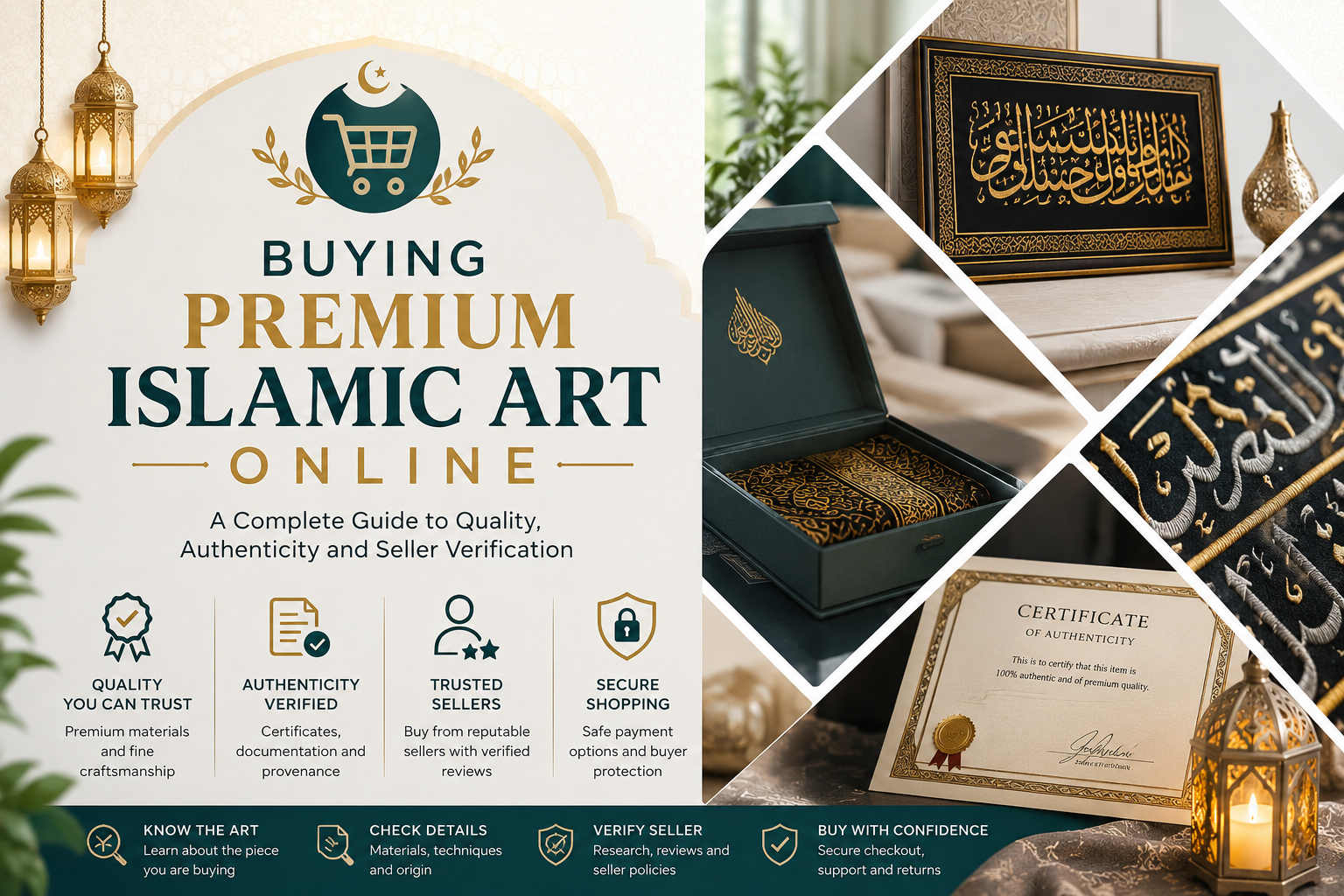 The image presents a premium Islamic art piece being professionally photographed in a studio setting. A DSLR camera, softbox lighting, and an ornate gold-framed Arabic calligraphy artwork emphasize the importance of clear, well-lit, high-quality product photography. The infographic highlights checking focus, lighting, multiple angles, close-up details, and accurate colours before purchasing online.