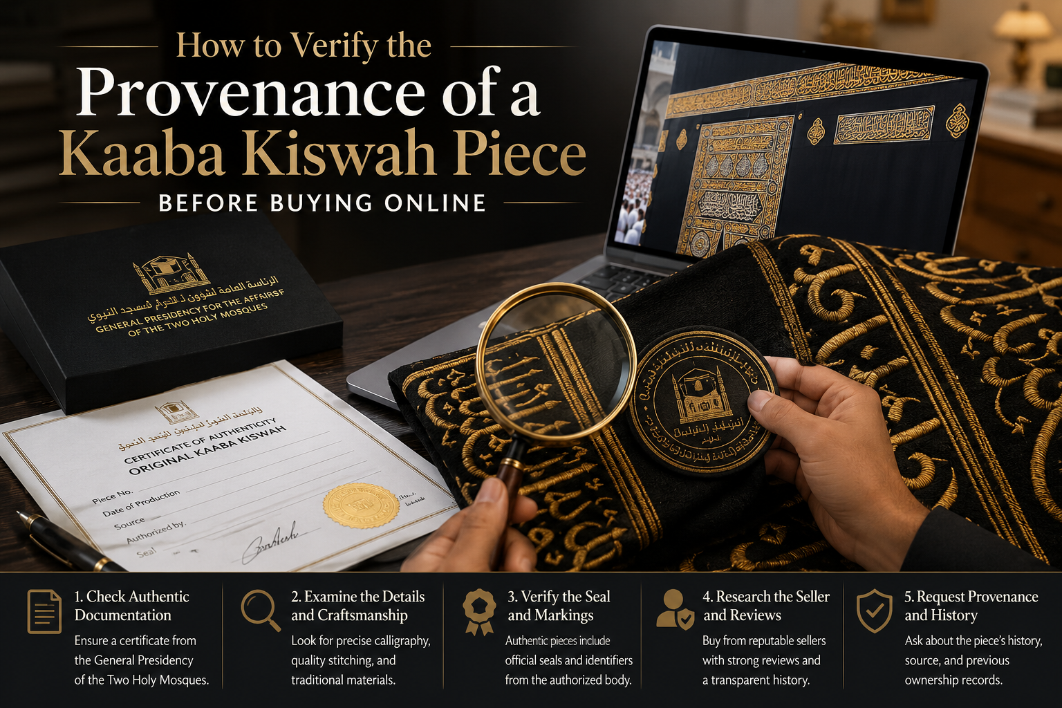 The image presents a refined authentication scene for a Kaaba Kiswah piece, featuring richly embroidered black-and-gold fabric, an authenticity certificate, verification tag, magnifying glass, and checklist. The clean cream, green, and gold palette gives it a premium editorial look while visually emphasizing provenance, documentation, craftsmanship, and seller verification.