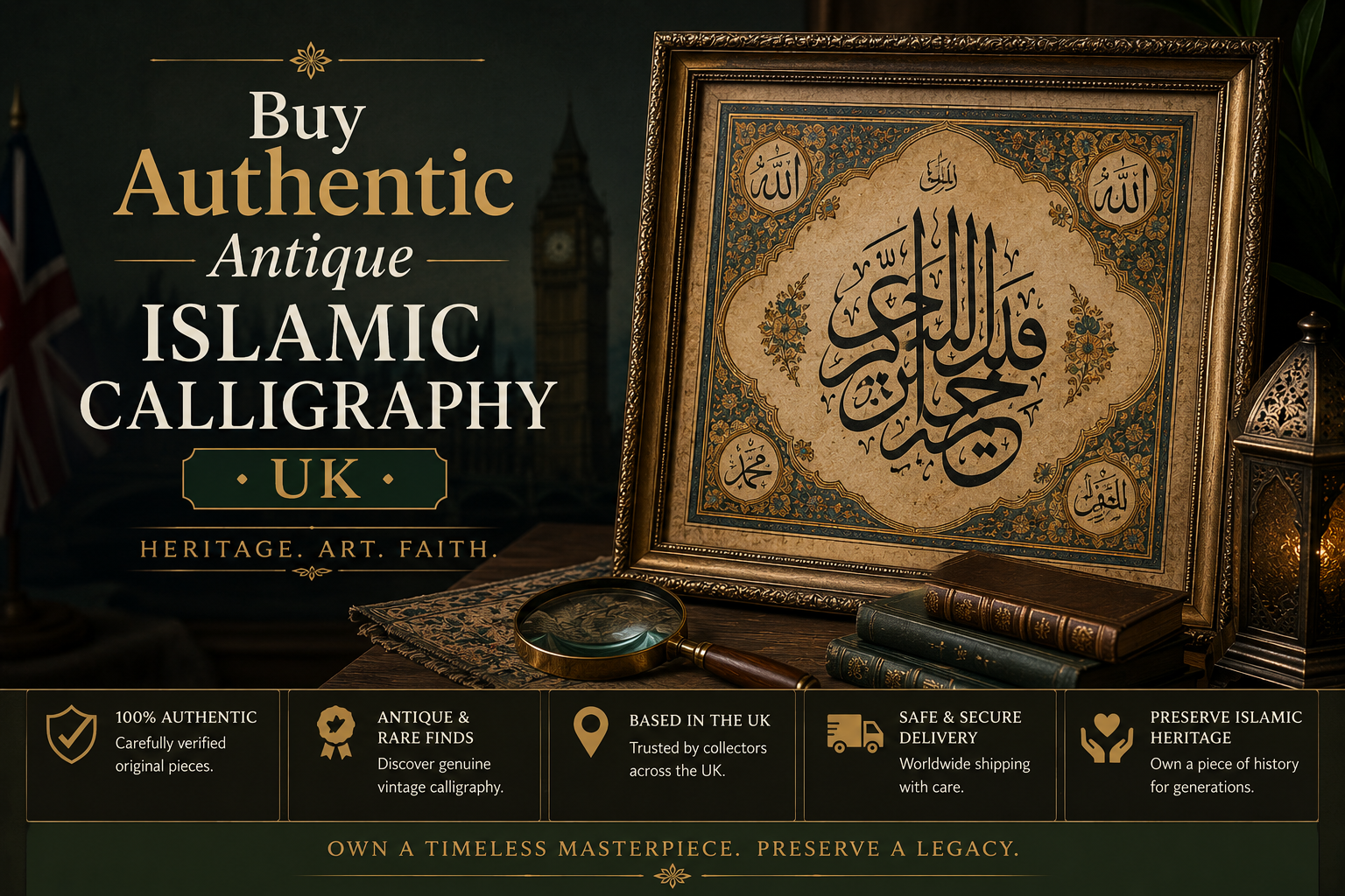 The image showcases authentic antique Islamic calligraphy as a luxury heritage artwork, displayed in an ornate gold frame alongside vintage books, a brass lantern, and a magnifying glass. The dark green and gold setting creates an elegant UK-focused atmosphere, highlighting Islamic heritage, rarity, authenticity, and collectible value.