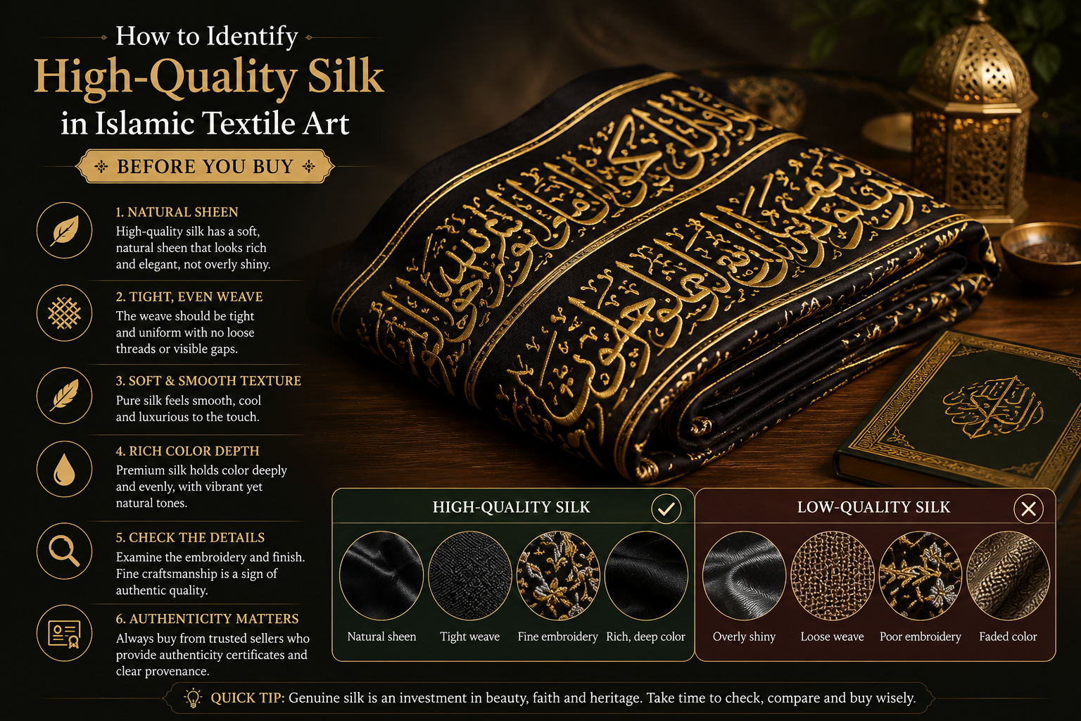 The image presents a premium Islamic silk wall hanging displayed vertically in an elegant heritage-inspired interior. The black silk features intricate gold Arabic calligraphy and detailed ornamental borders, creating a luxurious and authentic appearance. A magnifying glass in the foreground highlights the fine embroidery and weave, while books, a brass lantern, greenery, and an authenticity certificate reinforce the theme of Islamic heritage and careful verification.