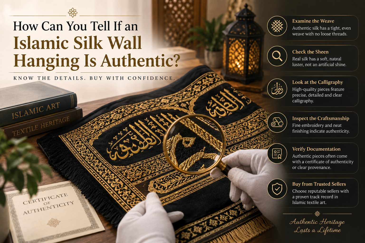 The image shows a sophisticated close-up presentation of an Islamic silk wall hanging, with the textile beautifully mounted against a warm architectural backdrop. Rich black fabric, gold embroidery, traditional geometric detailing, and soft natural lighting give it a museum-quality feel. A magnifying glass, heritage books, brass lantern, and certificate of authenticity visually communicate craftsmanship, provenance, and the importance of checking authenticity before purchasing.