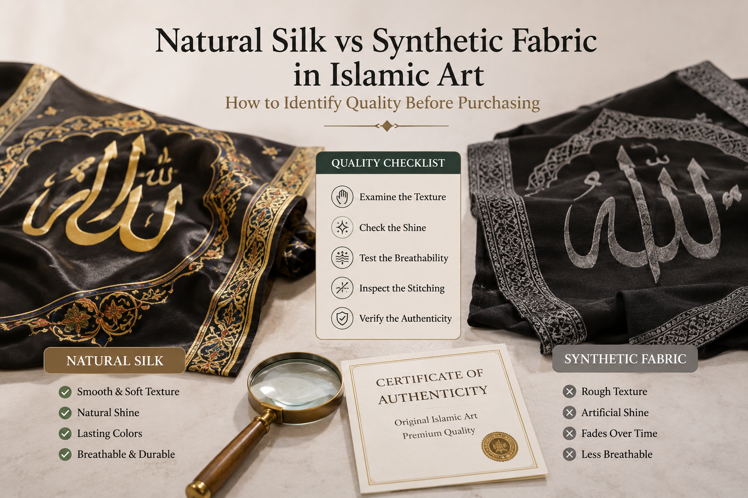 The image presents a visual comparison between natural silk and synthetic fabric used in Islamic art. It shows luxurious silk textiles with Islamic calligraphy alongside synthetic fabric, while highlighting differences in texture, shine, breathability, durability, and overall quality. A central quality-check section helps buyers understand what to look for before purchasing.