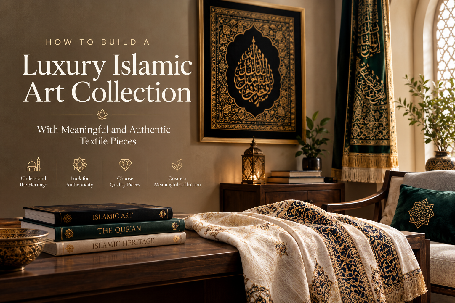 The image showcases a sophisticated Islamic art collection in a warm, luxurious interior. Framed Arabic calligraphy, richly embroidered green and gold textiles, brass décor, and carefully arranged books create an elegant gallery-like atmosphere. The design emphasizes heritage, authenticity, craftsmanship, and meaningful collecting, making it ideal for a blog about building a luxury Islamic art collection.