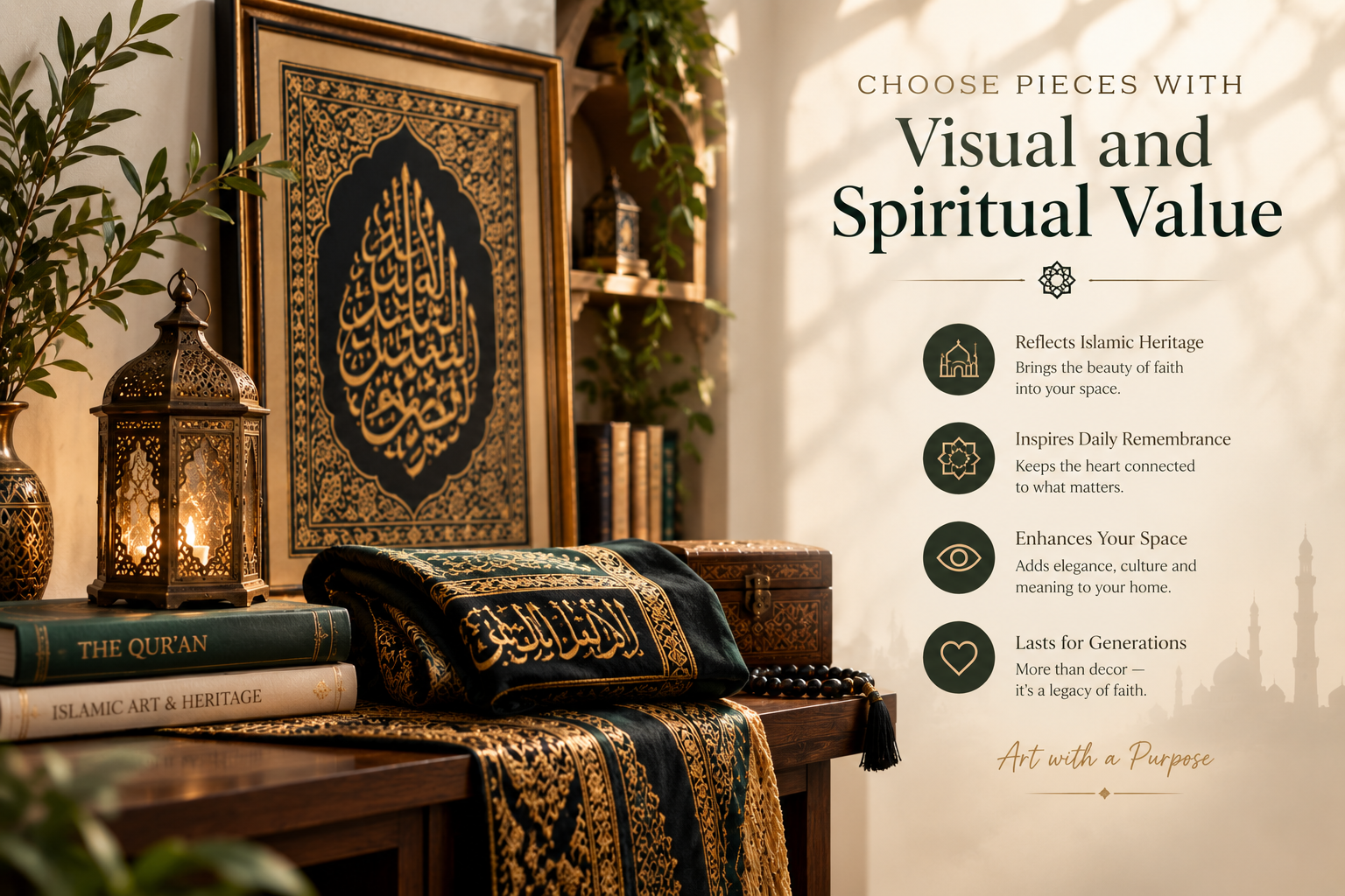 The image presents a beautifully styled Islamic-inspired interior featuring embroidered textiles, Arabic calligraphy, a traditional brass lantern, prayer beads, and heritage décor. Warm sunlight and natural greenery add a peaceful atmosphere, while the layout highlights Islamic heritage, remembrance, beauty, and spiritual meaning—perfectly matching the theme of choosing art pieces with both visual and spiritual value.