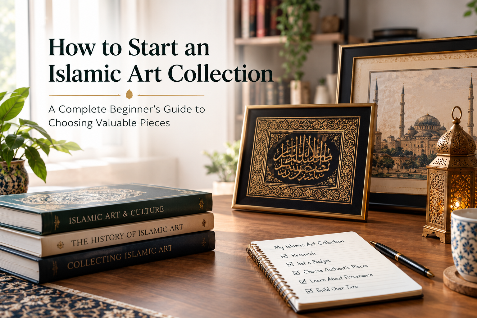 A stylish Islamic art collection scene featuring elegant calligraphy, framed artwork, heritage books, a traditional lantern and a collection-planning notebook, representing how beginners can start choosing authentic and valuable pieces.