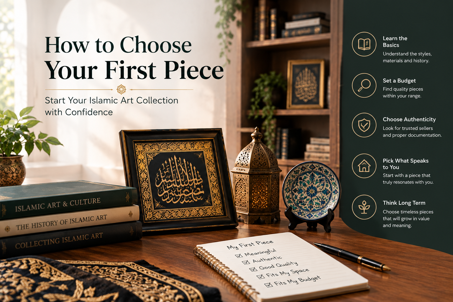An elegant visual guide to choosing your first Islamic art piece, featuring calligraphy, decorative ceramics, traditional décor and practical tips such as setting a budget, checking authenticity and selecting artwork that holds personal meaning.
