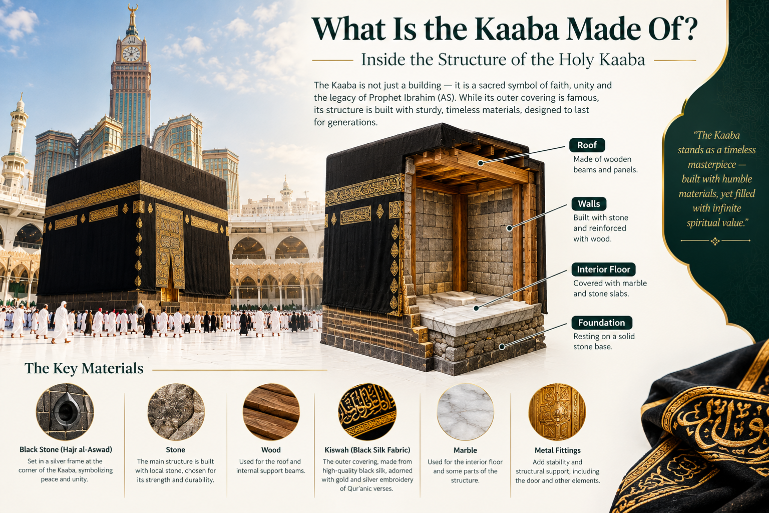 This image presents the Kaaba in a modern educational infographic style, combining a realistic view of the Kaaba with a detailed cutaway illustration. It highlights the main materials used in its construction, including stone, wood, marble, the black silk Kiswah, and metal fittings, while also showing the wooden roof, interior walls, foundation, and Black Stone. The clean layout and gold-and-dark-green accents make it suitable for a professional Islamic blog.