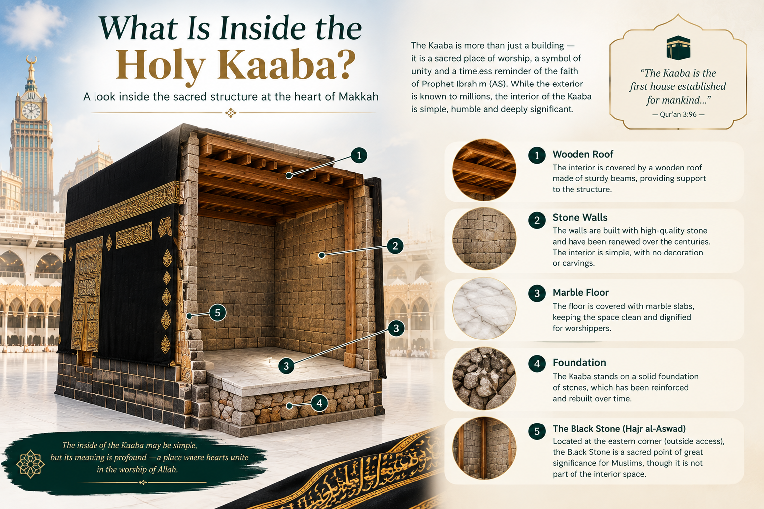 This image focuses specifically on the interior of the Holy Kaaba. A large cutaway view reveals the wooden roof, stone walls, marble flooring, foundation, and the location of Hajr al-Aswad, with numbered explanations alongside each feature. The elegant cream, green, black, and gold design gives the image a reverent yet informative appearance, making it ideal as a blog-feature image.