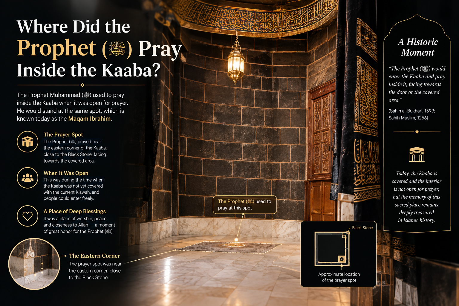 A reverent cinematic illustration showing the interior of the Kaaba with its stone walls, marble floor, hanging lantern, ornate door, and Kiswah visible around the entrance. The highlighted prayer area and floor-plan inset visually explain the historical location associated with the Prophet Muhammad ﷺ praying inside the Kaaba. The black, gold, and warm beige palette gives it a sophisticated Islamic-history aesthetic suitable for a blog post.