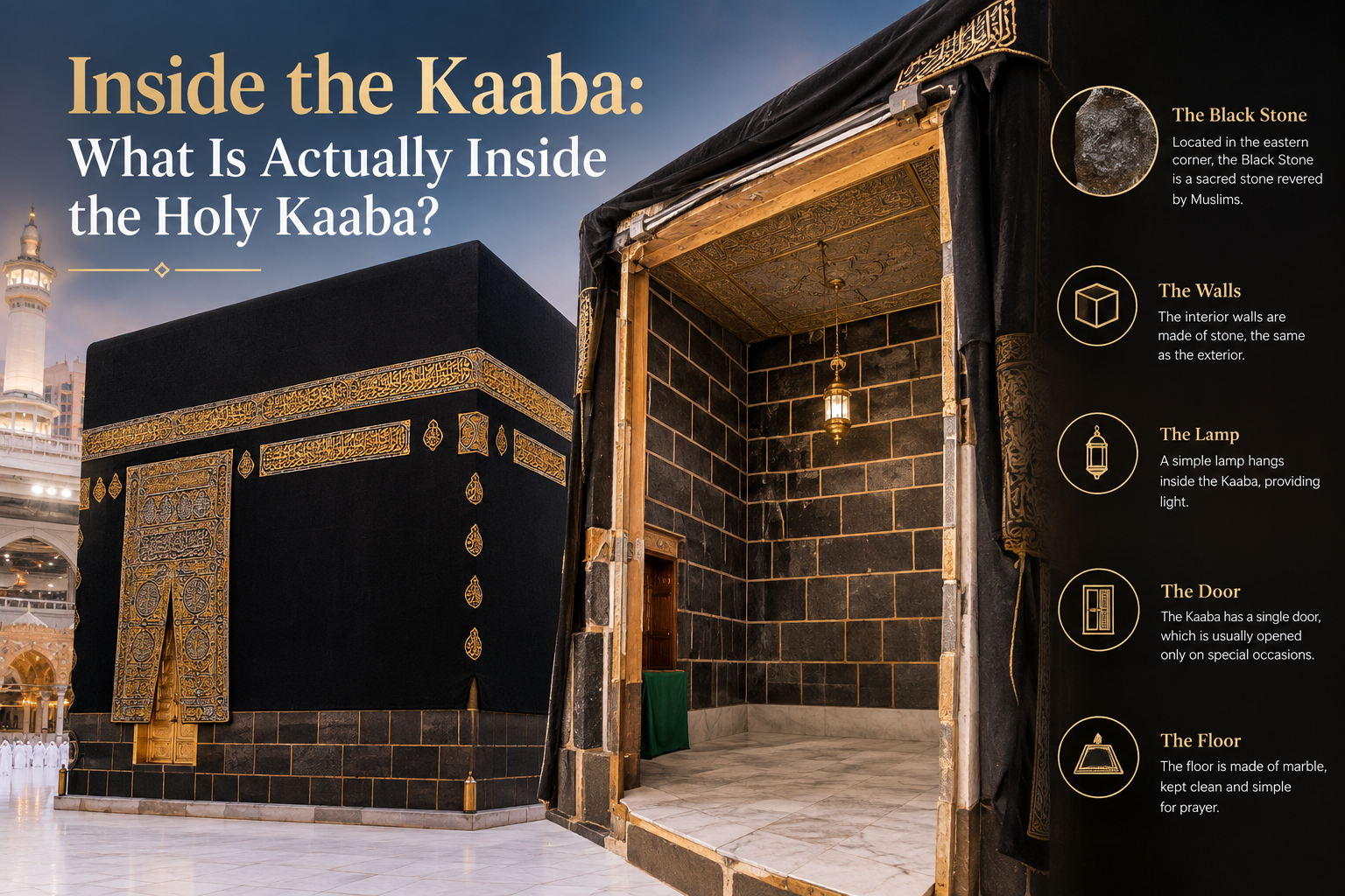 A detailed, elegant infographic focused on the Kiswah and the layers associated with the Kaaba. It shows the black-and-gold embroidered Kiswah in close-up, with a cutaway revealing the inner lining, backing cloth, and stone structure beneath it. Gold labels and fabric-detail insets explain each layer, while sewing threads and embroidery tools add an authentic craftsmanship feel.