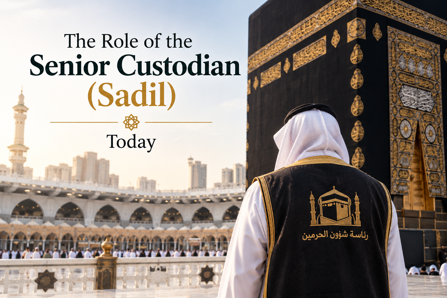The image shows a senior custodian standing respectfully in front of the Kaaba, viewed from behind. He wears a traditional white ghutra with a black and gold-trimmed robe, emphasizing his official custodial role. The Kaaba’s richly embroidered door, Masjid al-Haram’s arches, minaret, and pilgrims create a realistic modern setting, while the large title “The Role of the Senior Custodian (Sadil) Today” clearly establishes the blog topic.