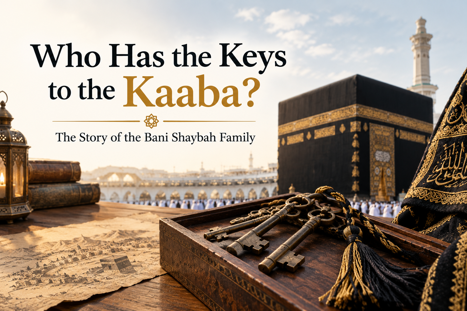 The image presents the Kaaba in Masjid al-Haram as the main background, while the foreground focuses on ornate antique keys placed on an embroidered black cloth inside a traditional wooden chest. A historic map, lantern, and Islamic decorative elements add an old-world heritage feel. The composition visually connects the keys of the Kaaba with the long-standing custodianship of the Bani Shaybah family.