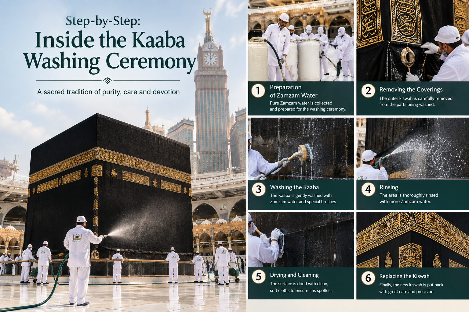 The image presents the Kaaba during its sacred washing ceremony, with attendants carefully cleaning the black Kiswah using traditional tools and water. A large brass basin, folded white towels, and an ornate water vessel appear in the foreground, while the golden embroidery of the Kaaba and Masjid al-Haram create a respectful and visually rich Islamic setting.